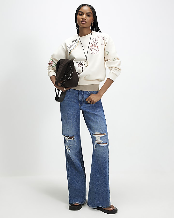 Cream Embroidered Patchwork Sweatshirt