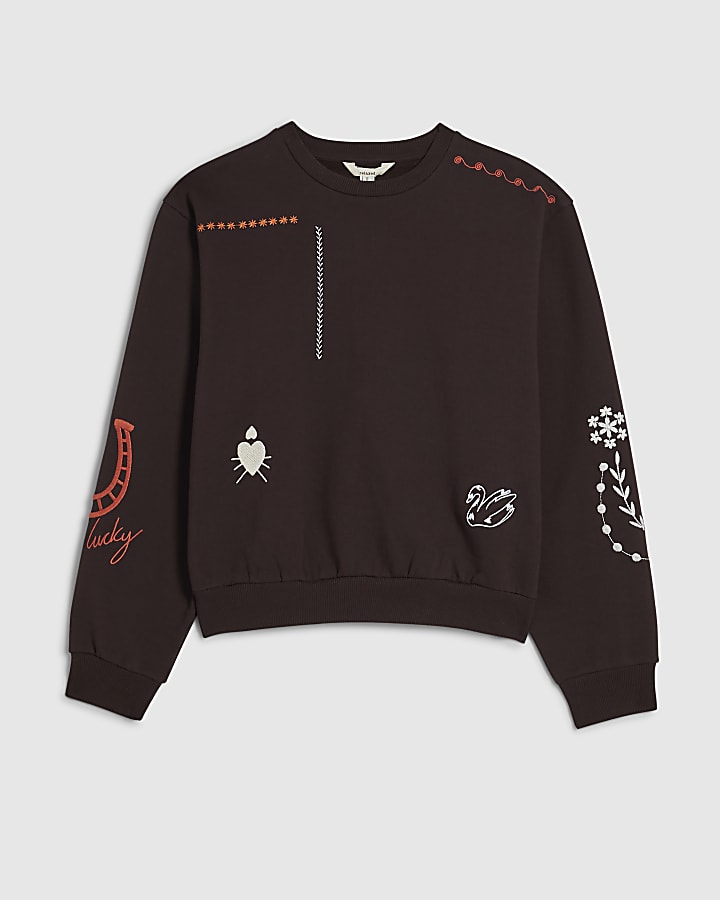 Brown Embroidered Patchwork Sweatshirt