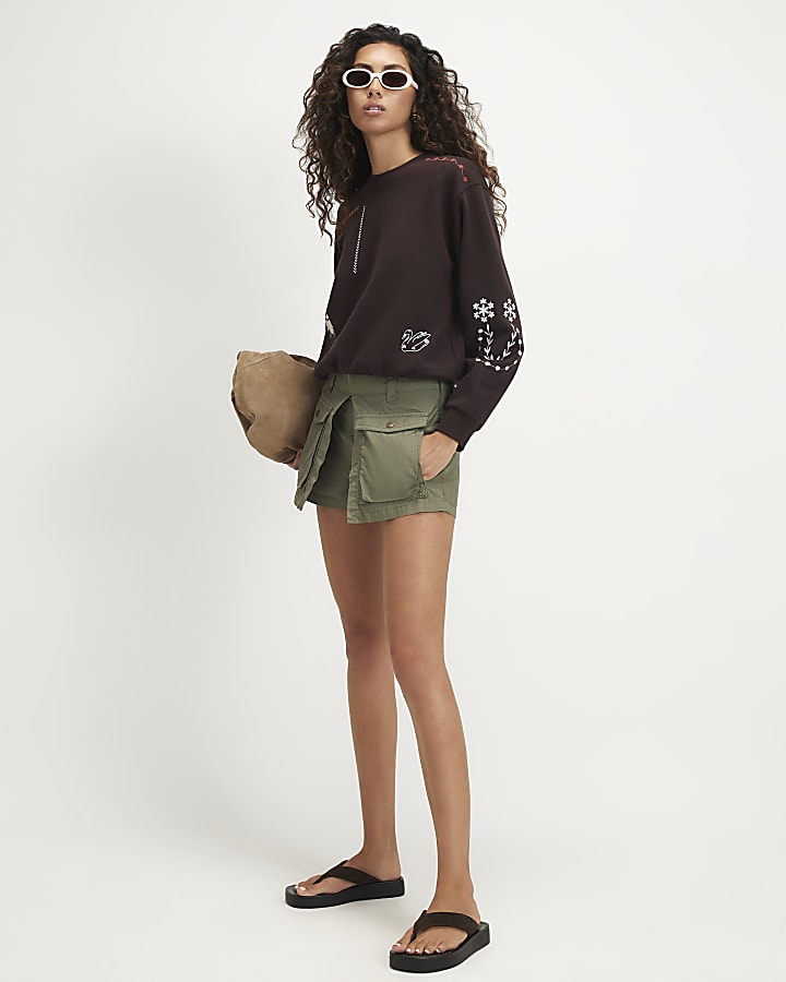 Brown Embroidered Patchwork Sweatshirt