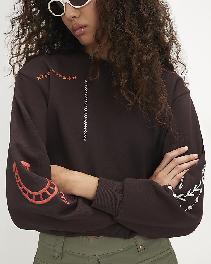 Brown Embroidered Patchwork Sweatshirt