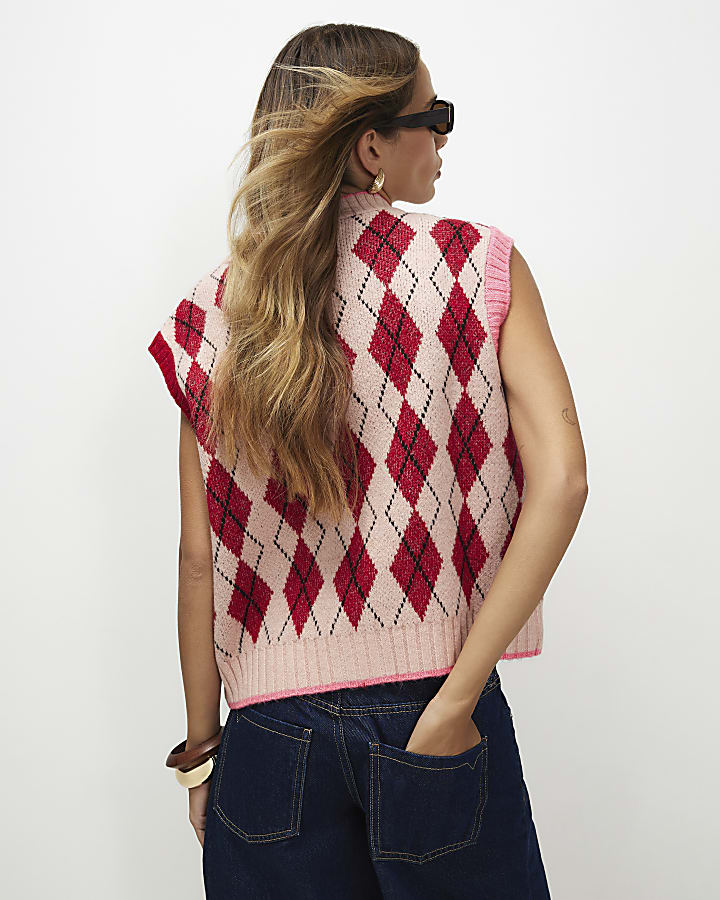 Pink Knitted Argyle Waistcoat