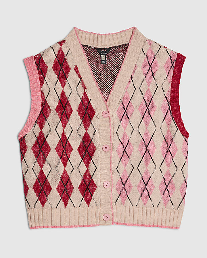 Pink Knitted Argyle Waistcoat