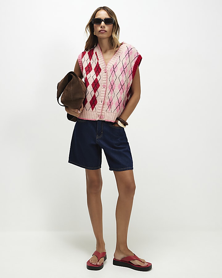 Pink Knitted Argyle Waistcoat