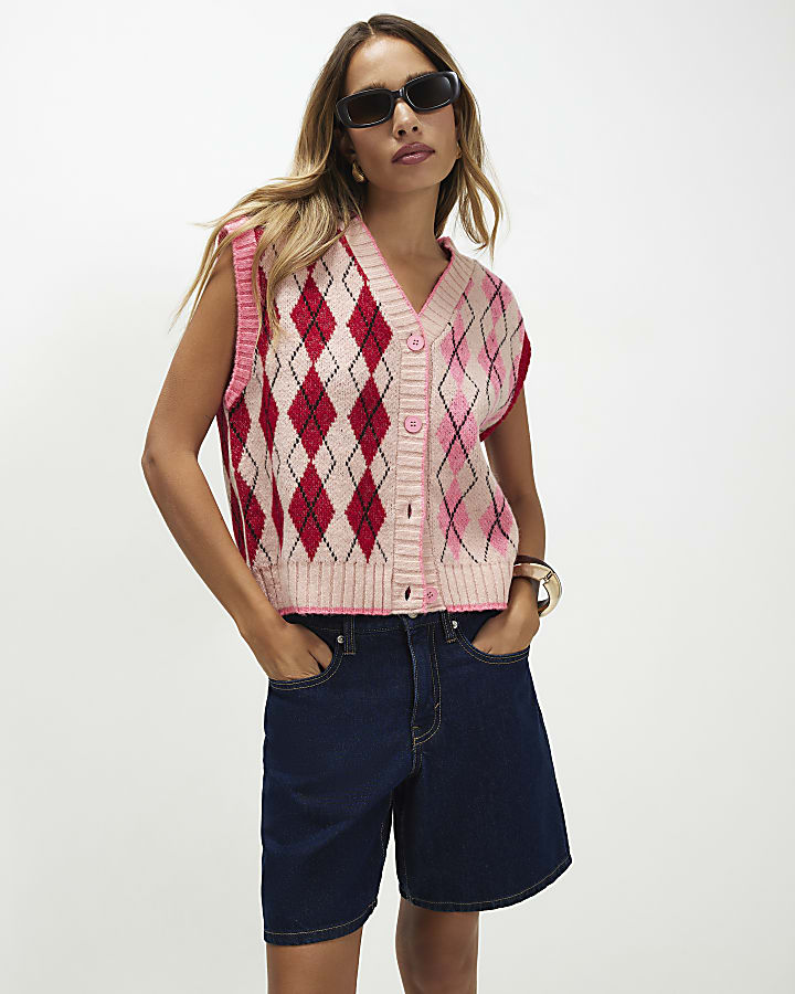 Pink Knitted Argyle Waistcoat