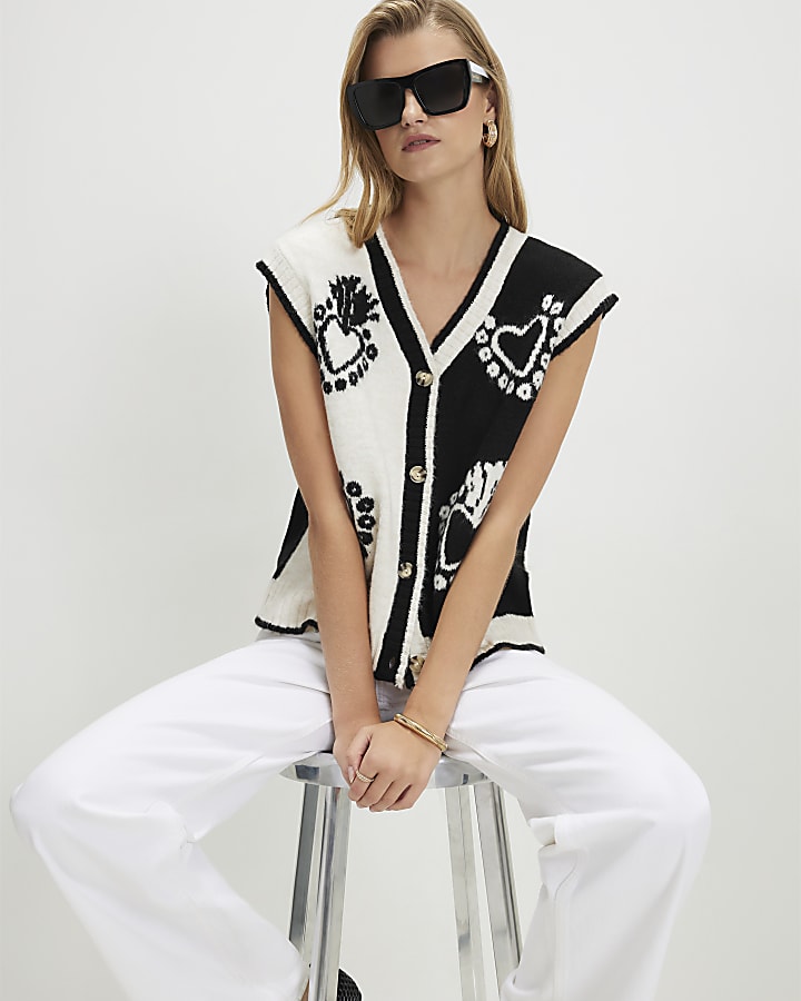 Black Monochrome Knitted Heart Waistcoat