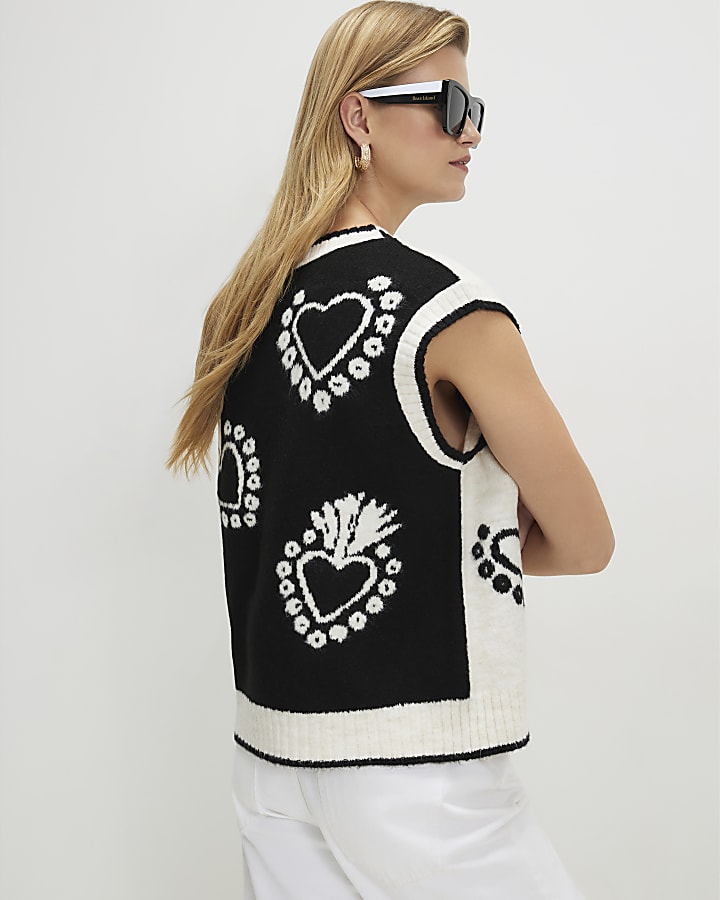 Black Monochrome Knitted Heart Waistcoat
