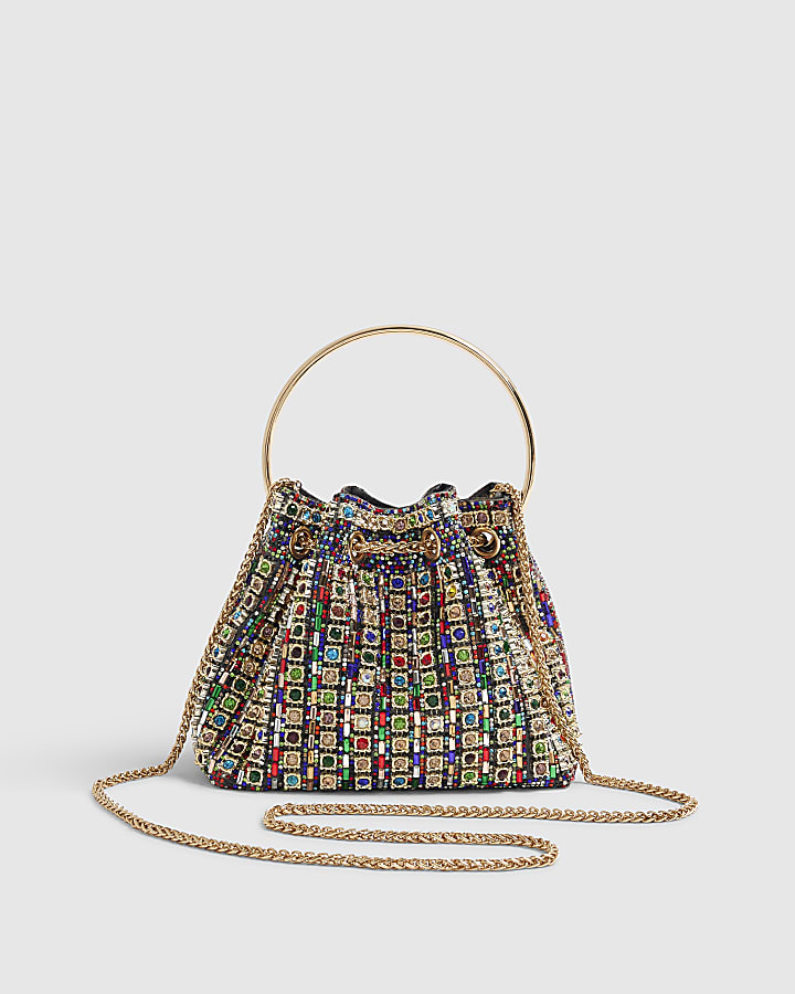 Gold Multicoloured Gem Bucket Clutch Bag