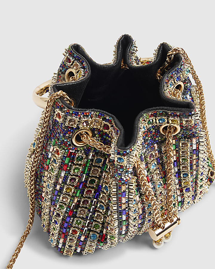 Gold Multicoloured Gem Bucket Clutch Bag