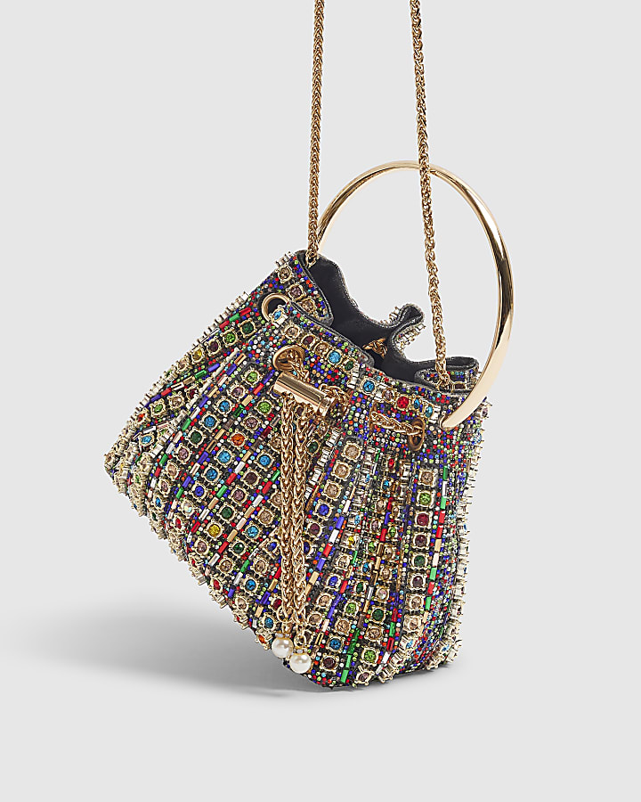 Gold Multicoloured Gem Bucket Clutch Bag