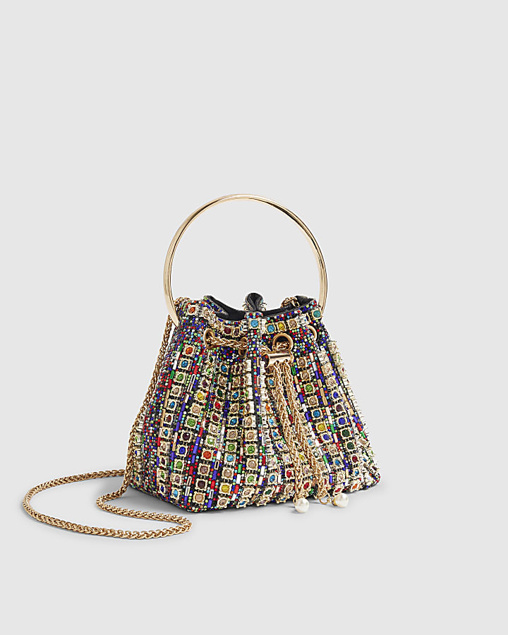 Gold Multicoloured Gem Bucket Clutch Bag