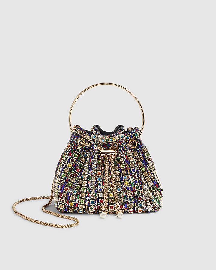 Gold Multicoloured Gem Bucket Clutch Bag