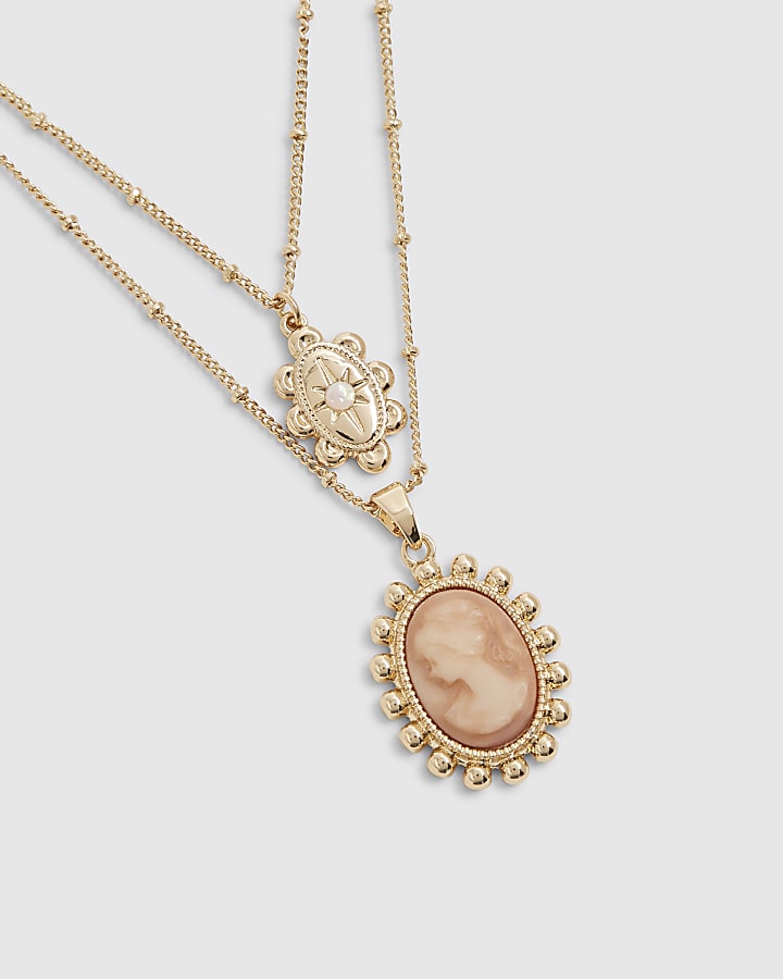 Gold Cameo Multirow Necklace