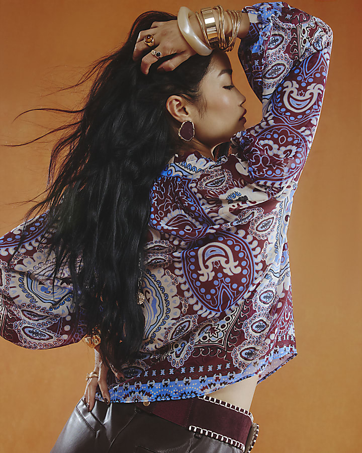 Burgundy Paisley Print Sheer Blouse