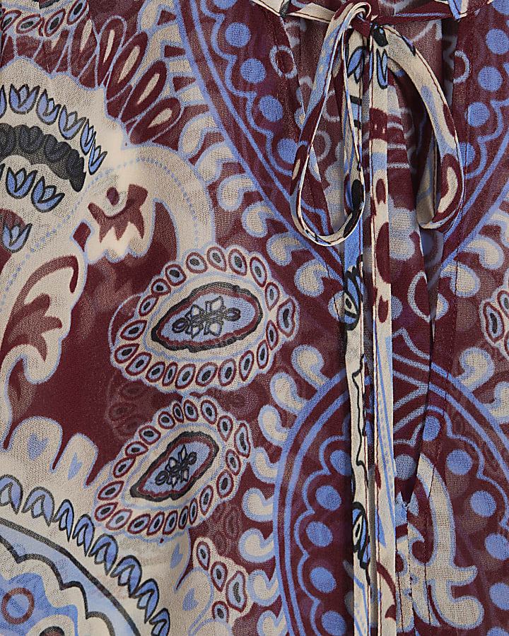 Burgundy Paisley Print Sheer Blouse
