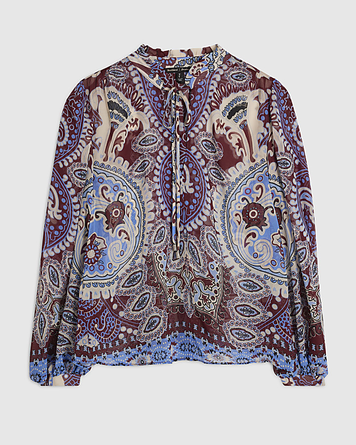 Burgundy Paisley Print Sheer Blouse