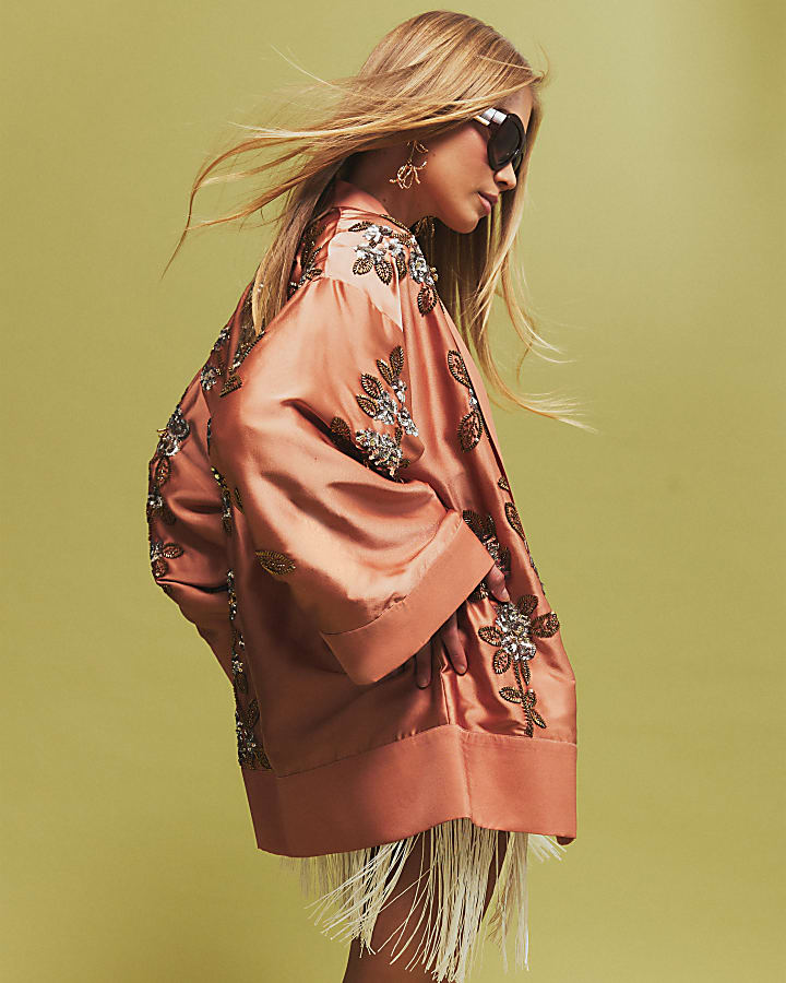 Pink Placement Embellished Kimono