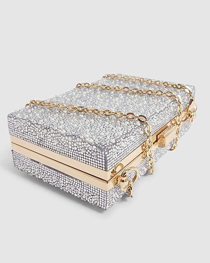 Silver Pearl And Diamante Hard Clutch Bag