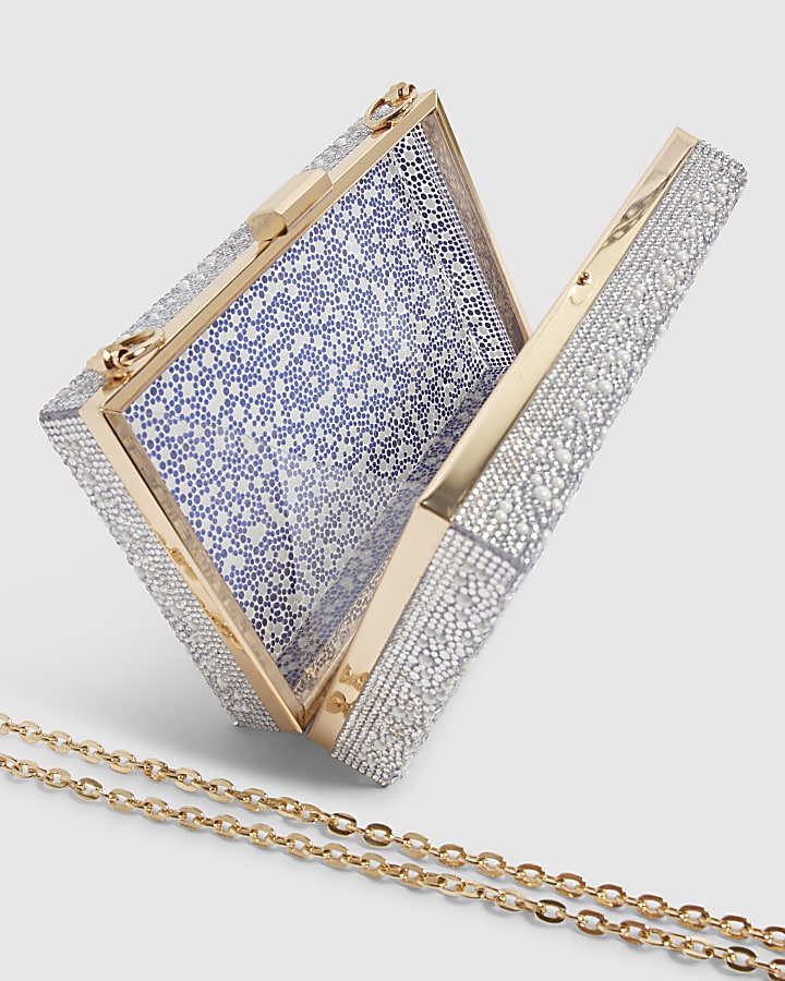 Silver Pearl And Diamante Hard Clutch Bag