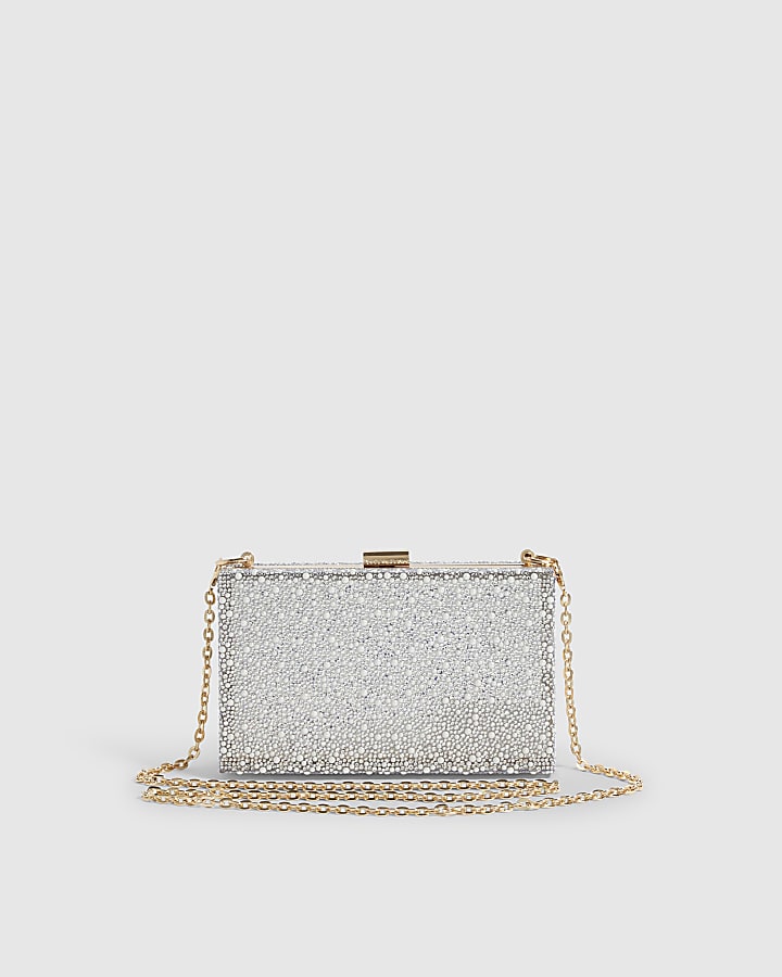 Silver Pearl And Diamante Hard Clutch Bag