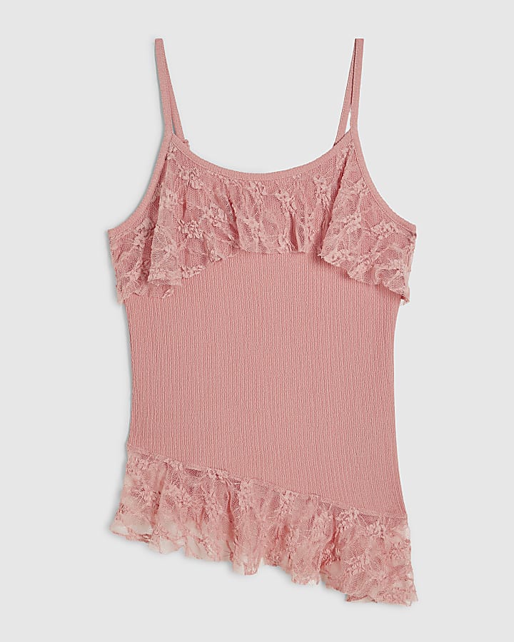 Pink Asymmetric Lace Trim Cami Top
