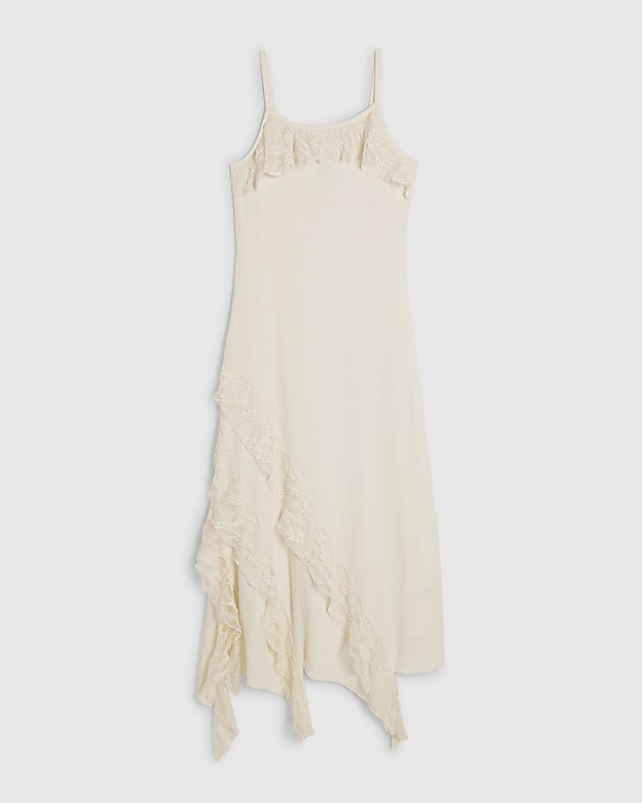 Petite Cream Asymmetric Lace Trim Maxi Dress