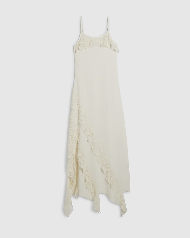 Cream Asymmetric Lace Trim Maxi Dress