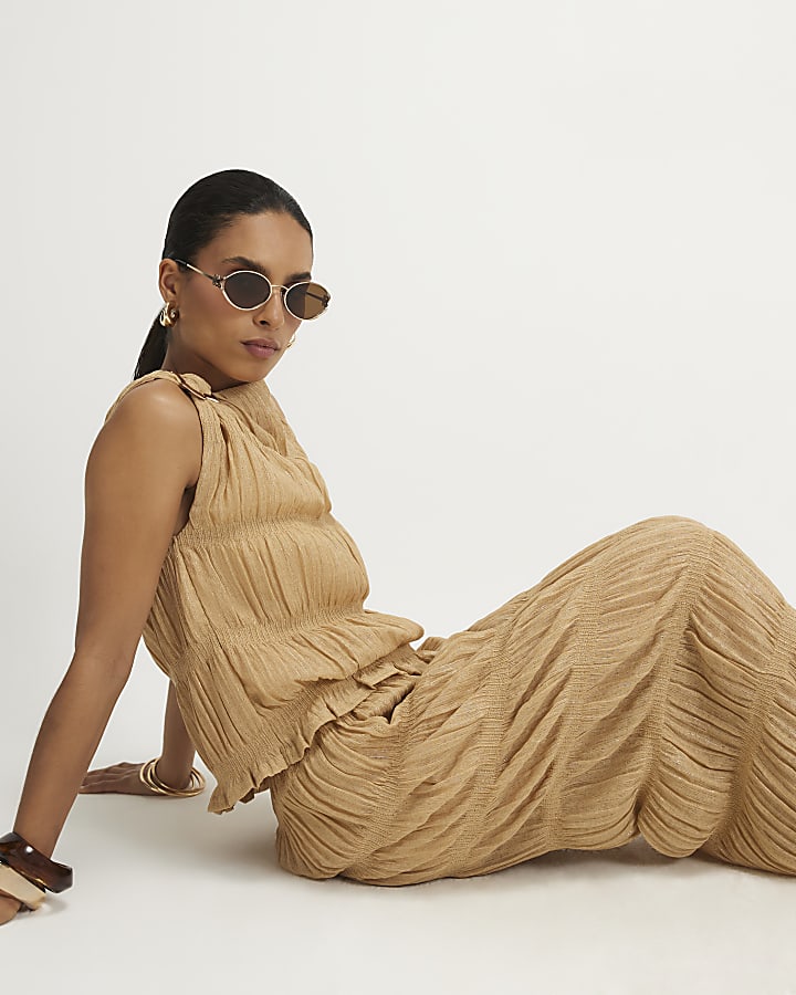 Petite Beige Glitter Wide Leg Trousers