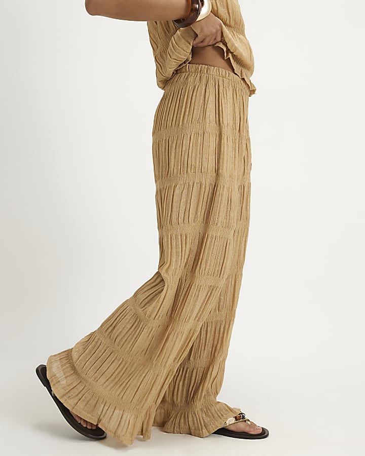 Petite Beige Glitter Wide Leg Trousers