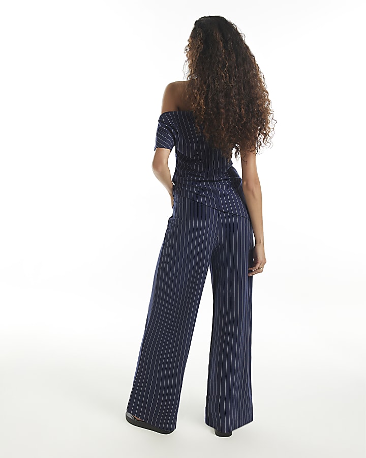 Navy Pinstripe Asymmetric Drape Top
