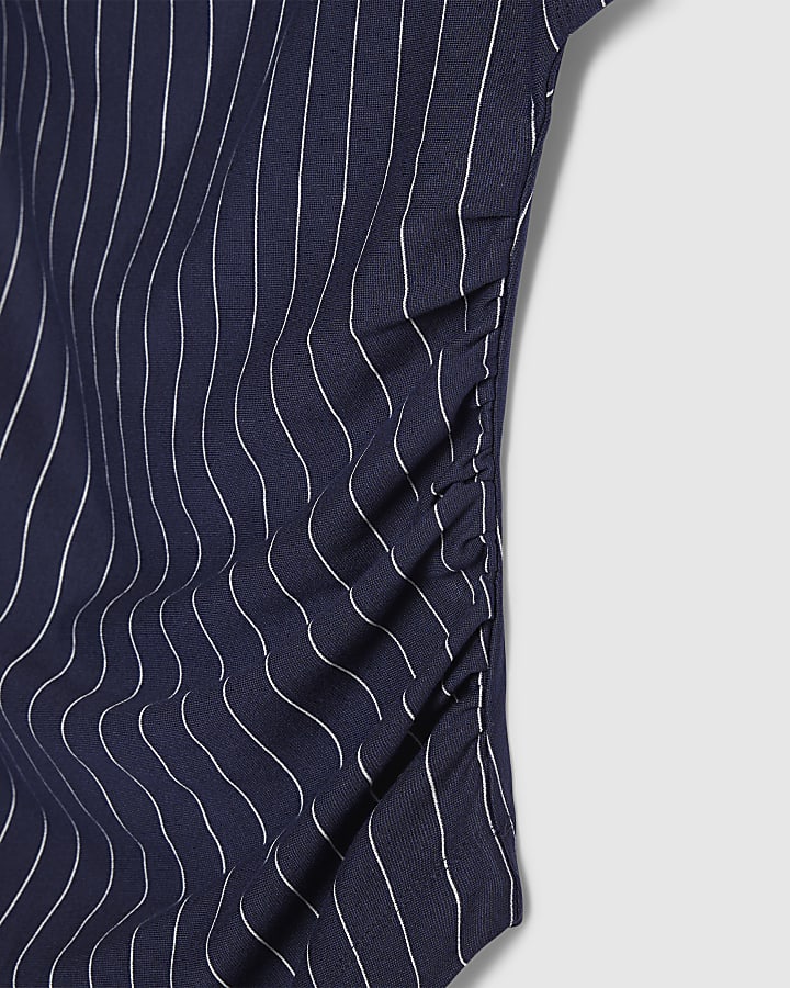 Navy Pinstripe Asymmetric Drape Top