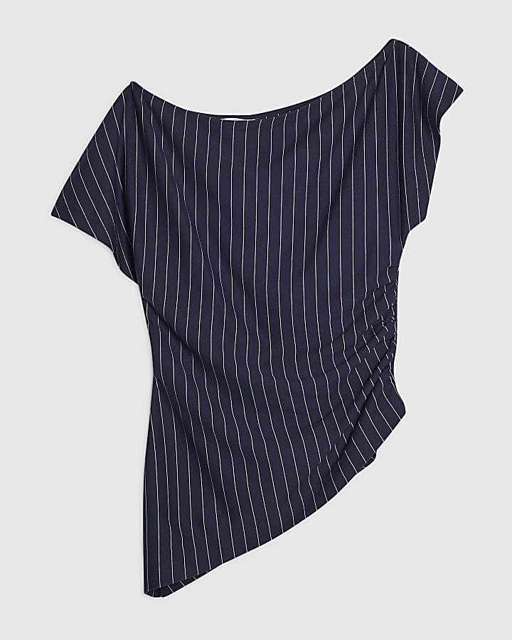 Navy Pinstripe Asymmetric Drape Top