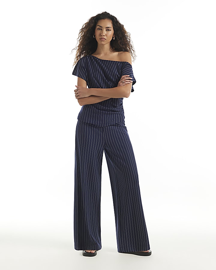Navy Pinstripe Asymmetric Drape Top