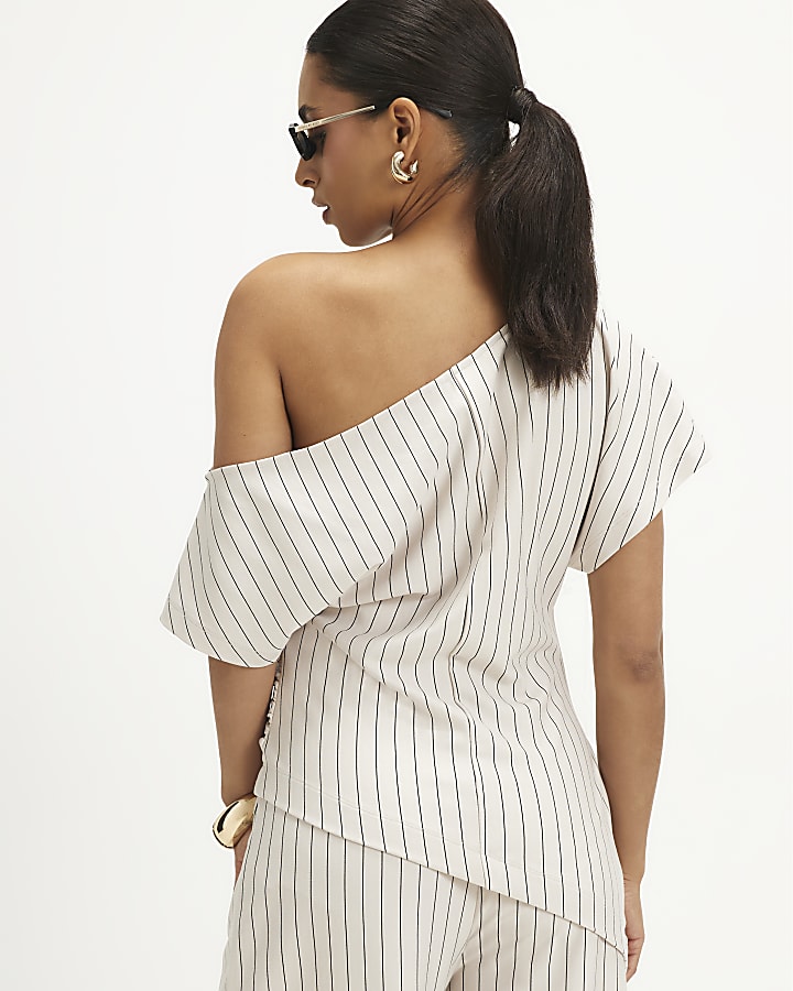 Petite Beige Pinstripe Asymmetric Drape Top