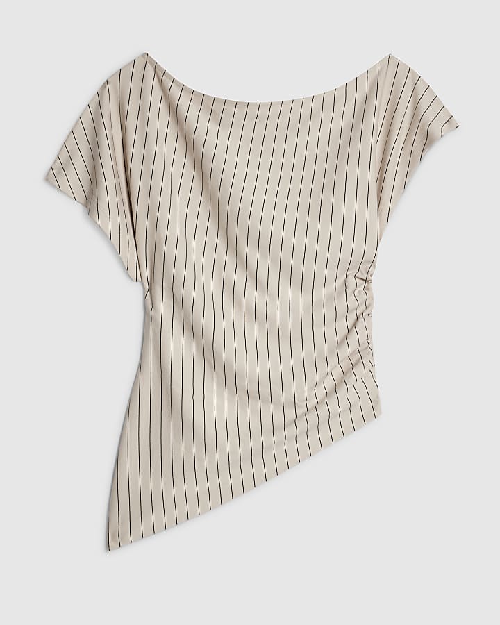 Petite Beige Pinstripe Asymmetric Drape Top