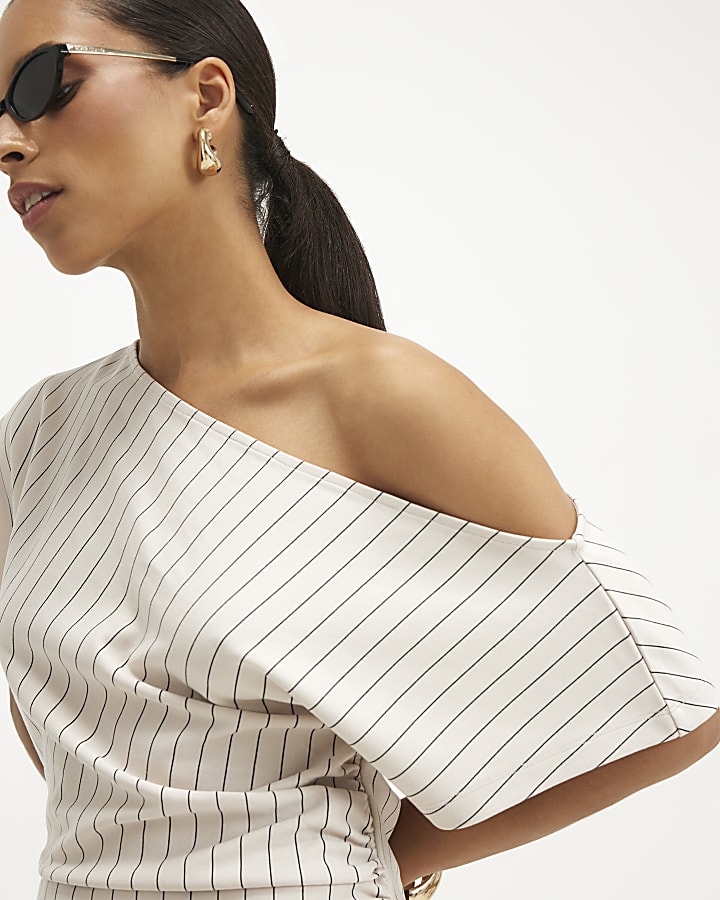 Petite Beige Pinstripe Asymmetric Drape Top