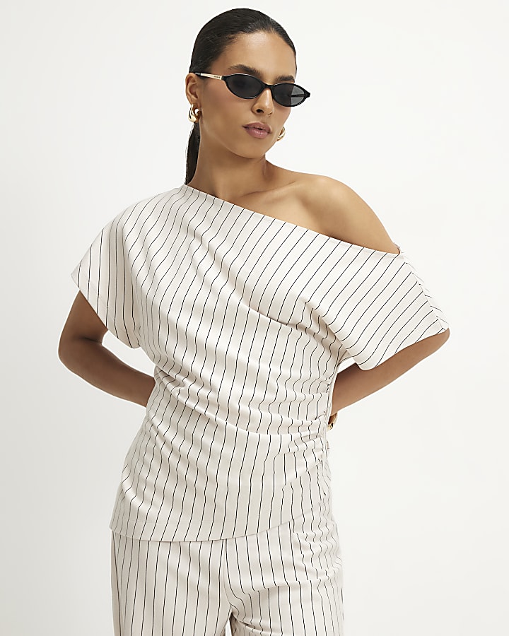 Petite Beige Pinstripe Asymmetric Drape Top