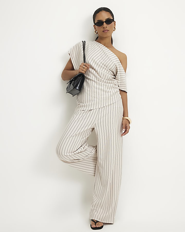 Petite Beige Pinstripe Asymmetric Drape Top