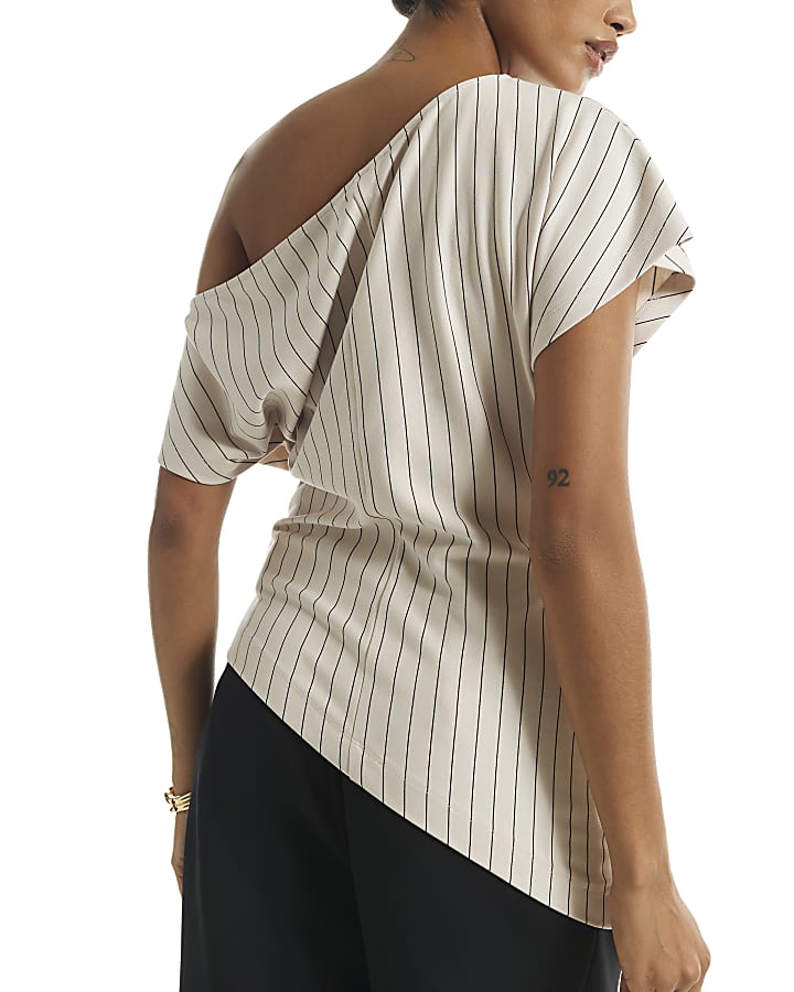 Beige Pinstripe Asymmetric Drape Top