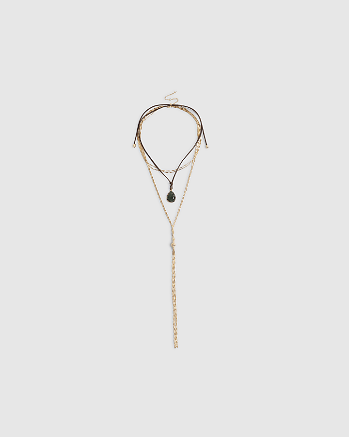 Gold Layered Lariat Stone Necklace