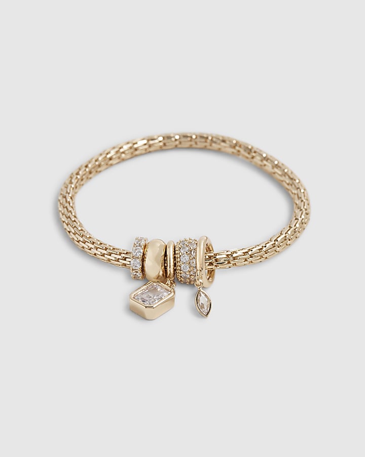 Gold Diamond Simulant Charm Stretch Bracelet