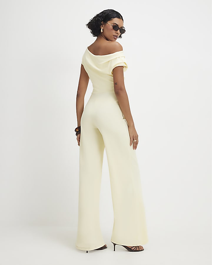 Yellow Short Sleeve Asymmetric Drape Jumpsuit