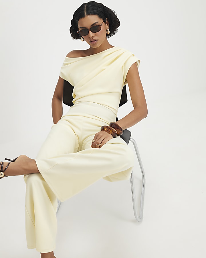 Yellow Short Sleeve Asymmetric Drape Jumpsuit