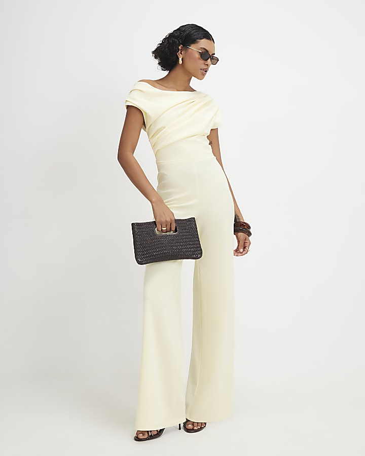 Yellow Short Sleeve Asymmetric Drape Jumpsuit