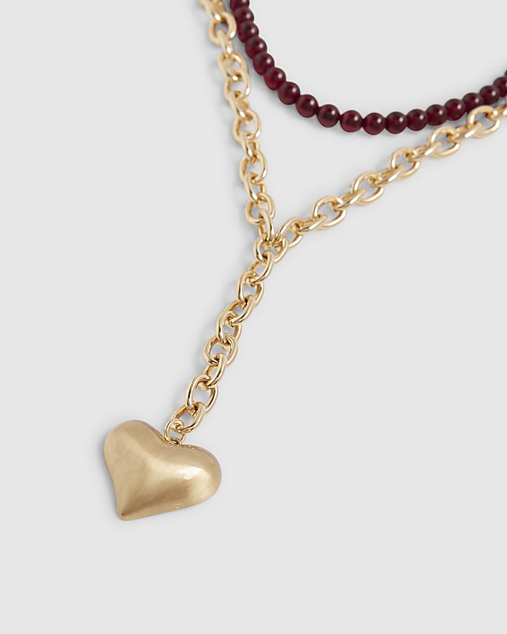 Burgundy Bead And Heart Multirow Necklace