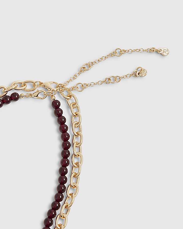 Burgundy Bead And Heart Multirow Necklace