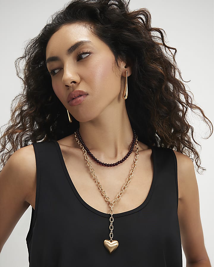 Burgundy Bead And Heart Multirow Necklace