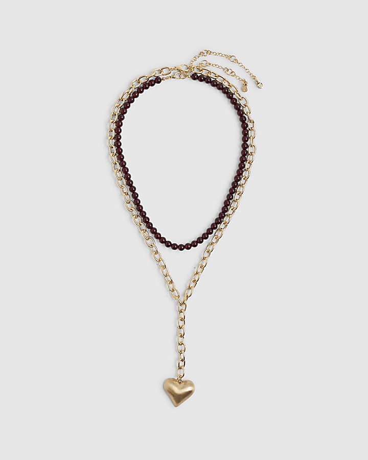 Burgundy Bead And Heart Multirow Necklace