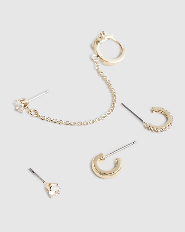 Gold Diamond Simulant Chain Hoop Earring Pack
