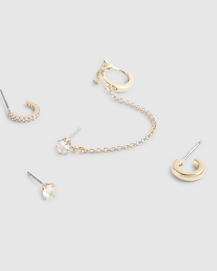 Gold Diamond Simulant Chain Hoop Earring Pack
