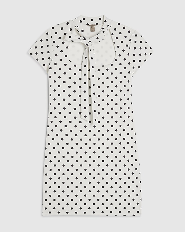 White Bow Neck Tie Spot Mini Dress
